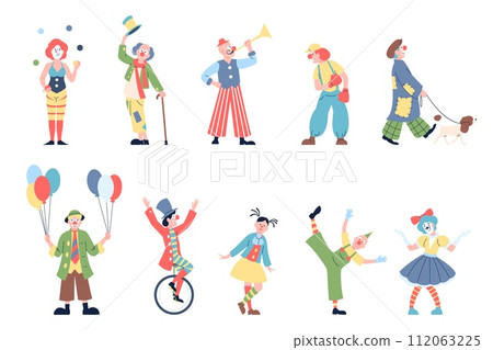 Clowns characters. Isolated flat funny clown. Circus or street entertainment artists. Comic character in funny costume, recent vector carnival set 112063225