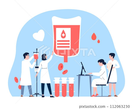 Hematology scientists and research. Doctors and nurses, scientist and assistant in white laboratory uniform. Healthcare and medicine, vector flat concept Hematology scientists and research. Doctors and nurses, scientist and assistant in white laboratory uniform. Healthcare and medicine, vector flat concept 112063230