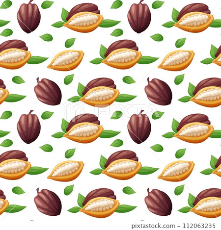 Cocoa seamless pattern. Choco beans, bio sweet raw background. Green elements, tropical fruit fabric print design. Nowaday vector template 112063235