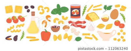 Tasty pasta ingredients. Various products for italian meals. Fresh mushrooms, tomatoes and shrimps. Isolated mussels, pepper, racy vector set Tasty pasta ingredients. Various products for italian meals. Fresh mushrooms, tomatoes and shrimps. Isolated mussels, pepper, racy vector set 112063240
