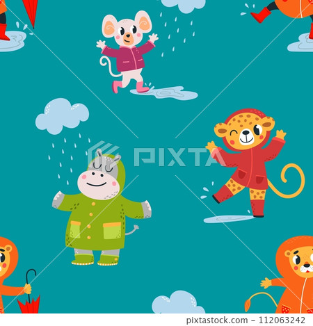 Rainy characters seamless pattern. Adorable animals in raincoats and rain boots. Funny childish fabric print design, classy vector cartoon background 112063242