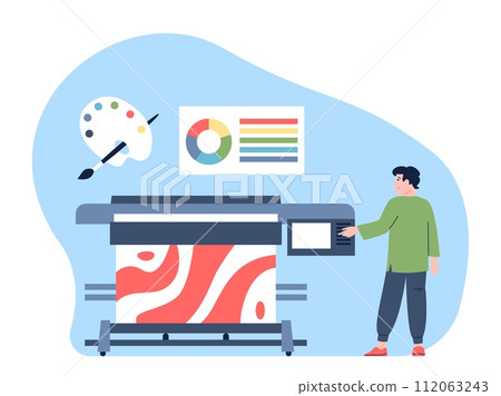Printshop worker. Man work with polygraphy printer, choose colors and ink. Prepress and printing. Typography equipment and service, recent vector scene Printshop worker. Man work with polygraphy printer, choose colors and ink. Prepress and printing. Typography equipment and service, recent vector scene 112063243