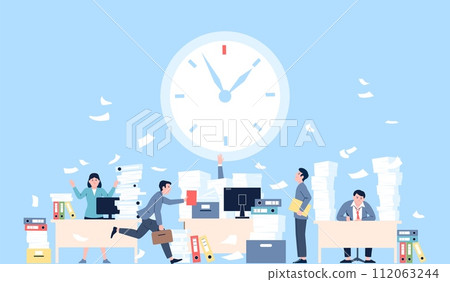 Deadline office concept. Crazy time, managers and time. Submission of report, taxes or work with documents. Unorganized people recent vector scene Deadline office concept. Crazy time, managers and time. Submission of report, taxes or work with documents. Unorganized people recent vector scene 112063244