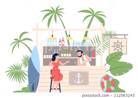 Girl in beach bar. Woman on summer vacation, drinks and communication in seaside cafe with barman. Female rest on sea, flat recent vector scene Girl in beach bar. Woman on summer vacation, drinks and communication in seaside cafe with barman. Female rest on sea, flat recent vector scene 112063245