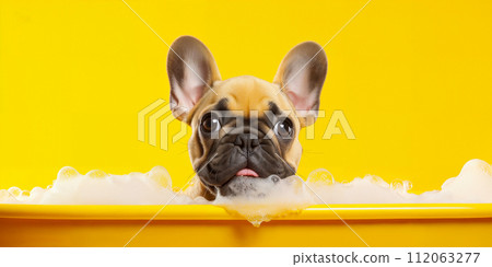 Happy wet dog taking a bath. Cute puppy in a bathtub with soap foam and bubbles. Pets cleaning or washing concept Happy wet dog taking a bath. Cute puppy in a bathtub with soap foam and bubbles. Pets cleaning or washing concept 112063277