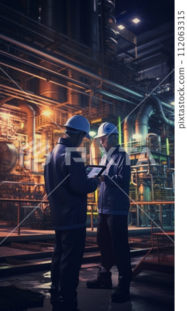 Work process in a workshop, an engineer and a worker solving production problems 112063315