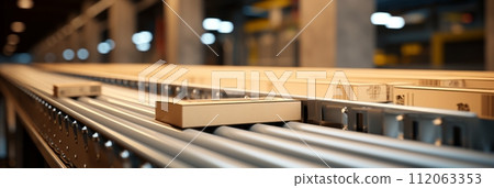 Cardboard boxes parcels on a conveyor belt, transport goods delivery and logistics, logistics warehouse, banner 112063353