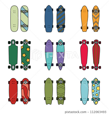 Set of color skateboard icons. Vector illustration 112063493
