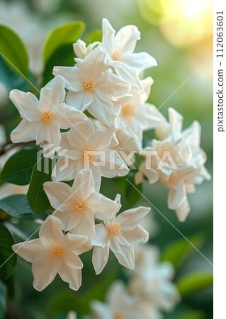 A cluster of fragrant jasmine flowers, their sweet scent perfuming the air 112063601