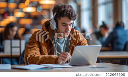 A dedicated student taking notes while listening to an online lecture on his tablet 112063608