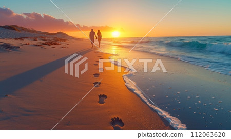 A couple strolling hand in hand along a...-插圖素材 [112063620] - PIXTA圖庫