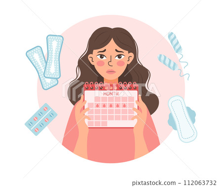 Sad woman with a menstrual calendar in her hands. Healthcare and medicine. Illustration, vector Sad woman with a menstrual calendar in her hands. Healthcare and medicine. Illustration, vector 112063732