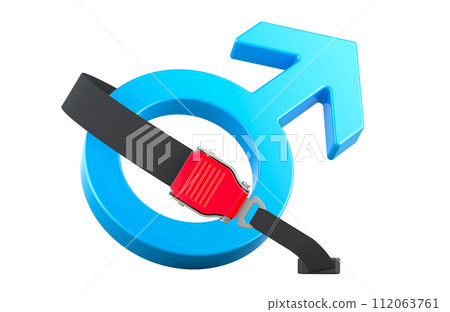 Male gender symbol with safety belt, protect men concept. 3D rendering Male gender symbol with safety belt, protect men concept. 3D rendering 112063761