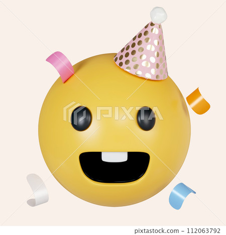 3d Emoticon emojis in party hats with confetti celebration elements for birth day happy and funny character collection. icon isolated on gray background. 3d rendering illustration. Clipping path. 112063792