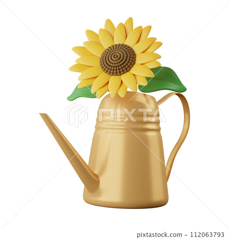 3d watering pot with flower. garden tool. Gardening. icon isolated on white background. 3d rendering illustration. Clipping path 112063793