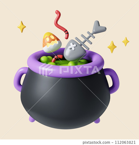 3d Halloween cauldron icon. Traditional element of decor for Halloween. icon isolated on gray background. 3d rendering illustration. Clipping path. 3d Halloween cauldron icon. Traditional element of decor for Halloween. icon isolated on gray background. 3d rendering illustration. Clipping path. 112063821