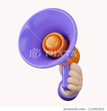 Cartoon hand holding megaphone 3d render on white isolated background. Digital Marketing concept. Cartoon hand holding megaphone 3d render on white isolated background. Digital Marketing concept. 112063825