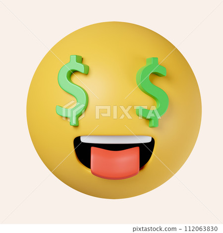 3d Rich emoji. Money Cash Dollar Face Emoji. icon isolated on gray background. 3d rendering illustration. Clipping path. 112063830