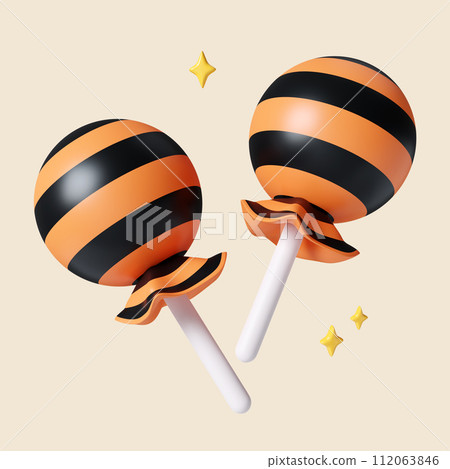 3d Halloween Candy-stick icon. Traditional element of decor for Halloween. icon isolated on gray background. 3d rendering illustration. Clipping path. 3d Halloween Candy-stick icon. Traditional element of decor for Halloween. icon isolated on gray background. 3d rendering illustration. Clipping path. 112063846