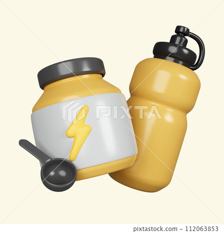 3d Sport nutrition. Fitness supplement. Fitness and health. Exercise equipment. icon isolated on yellow background. 3d rendering illustration. Clipping path. 3d Sport nutrition. Fitness supplement. Fitness and health. Exercise equipment. icon isolated on yellow background. 3d rendering illustration. Clipping path. 112063853