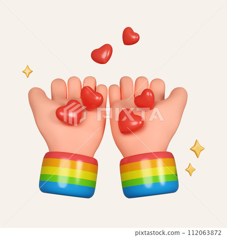 3d hand heart with pride support bracelets on a white background for for LGBTQ Pride month celebration. icon isolated on white background. 3d rendering illustration. Clipping path. 112063872