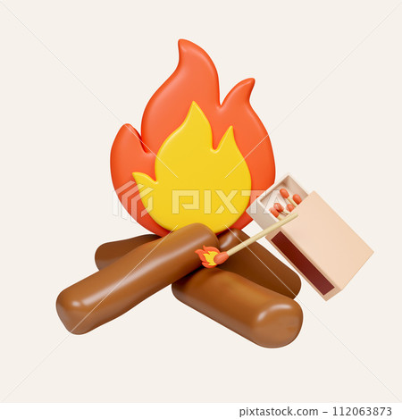 3d Bonfire. Camping and hiking equipment. Summer camp and holiday vacation. icon isolated on white background. 3d rendering illustration. Clipping path. 3d Bonfire. Camping and hiking equipment. Summer camp and holiday vacation. icon isolated on white background. 3d rendering illustration. Clipping path. 112063873