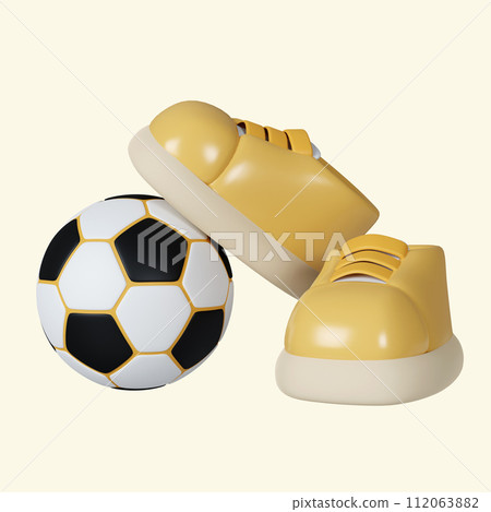 3d shoes and football. Fitness and health. Exercise equipment. icon isolated on yellow background. 3d rendering illustration. Clipping path. 112063882