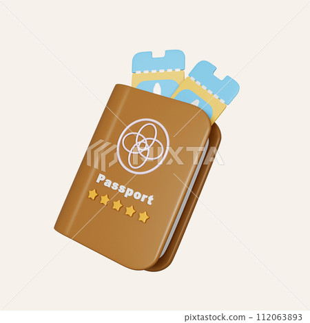 3D An Air plane ticket and Brown passport. icon isolated on white background. 3d rendering illustration. Clipping path. 112063893