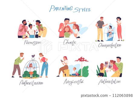Parenting styles. Parents discipline learning children attachment type, strict parent authoritative permissive or neglecting, family upbringing theory, classy vector illustration 112063898