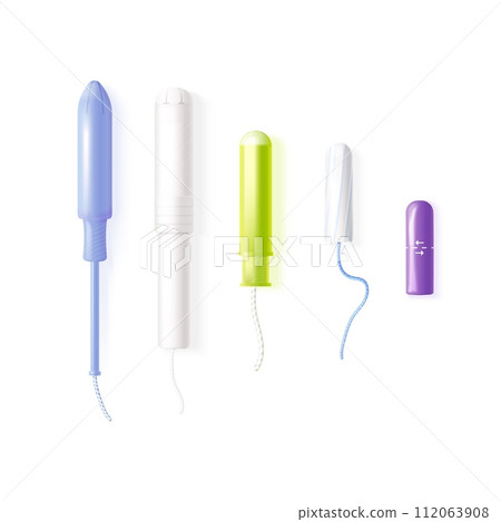 Realistic tampons. Female tampon pad for application in menstrual period, woman 3d hygienic applicator monthly cycle, feminine hygiene toilet accessories, exact vector illustration 112063908