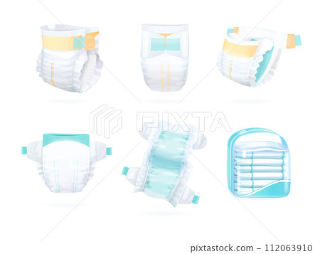 Realistic diapers. Baby diaper mockup, diapering stack product package for newborn pee incontinence child dry body, kids nappy disposal eco absorbent, 3d exact vector illustration Realistic diapers. Baby diaper mockup, diapering stack product package for newborn pee incontinence child dry body, kids nappy disposal eco absorbent, 3d exact vector illustration 112063910