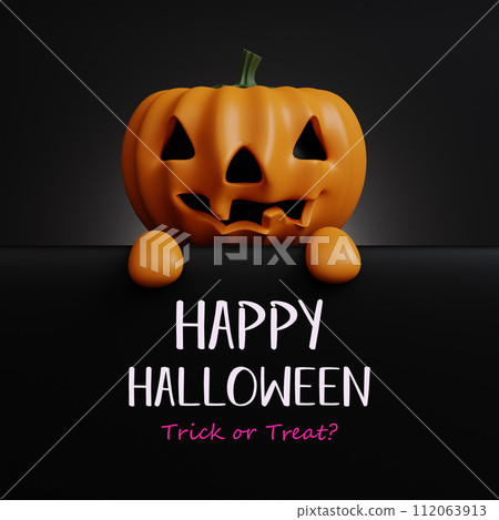 Happy Halloween Festive. Pumpkin on black paper postcard with text for Halloween. Halloween concept. Traditional October holiday. copy space. 3d render. 112063913