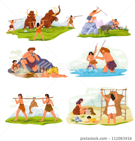 Cave people. Ancient hunter person and prehistoric animals, caveman with primitive tool hunt to fur mammoth gets fish food fire for kid stone age tribe recent vector illustration Cave people. Ancient hunter person and prehistoric animals, caveman with primitive tool hunt to fur mammoth gets fish food fire for kid stone age tribe recent vector illustration 112063916