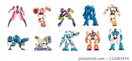 Combat robots. Robot war of future, cartoon transformers characters for alien battle game, futuristic mechanical cyborg military warrior powerful machine classy vector illustration 112063934