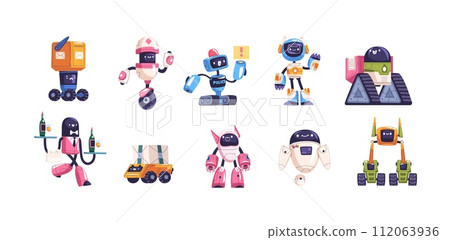 Droid characters. Cartoon game robots, cyber monster space android retro or futuristic robot mascot, robotics service army future technology, cute ai toy classy vector illustration 112063936