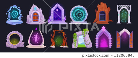 Cartoon magic gate. Game magical doors, mysterious forest entrance portal in fantasy world fairy dimension teleport door adventure 112063943