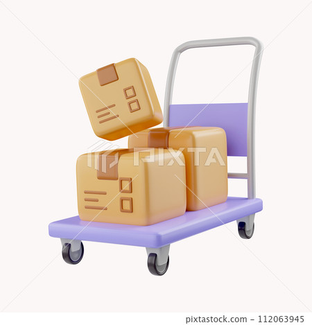 3D Shopping cart and cardboard box. Fast delivery concept from online store. Shipping logistics package delivery. Cargo box. Cartoon creative design icon isolated on white background. 3D Rendering 112063945
