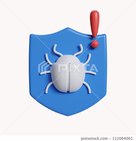 3d of security concept shield with bug. Virus scan magnifier antivirus. icon isolated on white background. 3d rendering illustration. Clipping path. 112064001
