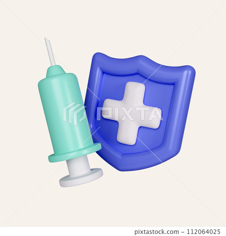 3d Medical Syringe Vaccine with guard shield. immunity for the body. icon isolated on white background. 3d rendering illustration. Clipping path. 3d Medical Syringe Vaccine with guard shield. immunity for the body. icon isolated on white background. 3d rendering illustration. Clipping path. 112064025