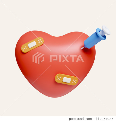 3d medical syringe and red broken heart. icon isolated on white background. 3d rendering illustration. Clipping path. 112064027