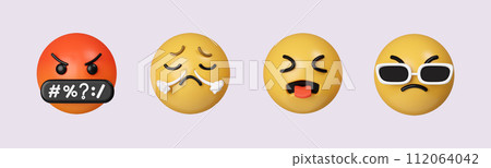 3d Set Icon Emoji. Realistic Yellow Glossy 3d Emotions face. icon isolated on gray background. 3d rendering illustration. Clipping path. 112064042