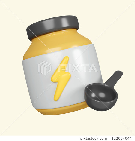 3d Sport nutrition. Fitness supplement. Fitness and health. Exercise equipment. icon isolated on yellow background. 3d rendering illustration. Clipping path. 112064044