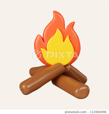 3d Bonfire. Camping and hiking equipment. Summer camp and holiday vacation. icon isolated on white background. 3d rendering illustration. Clipping path. 112064046