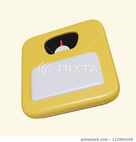3d weighing scale. Dieting and health, weight measure device, overweight concept. icon isolated on yellow background. 3d rendering illustration. Clipping path. 112064109