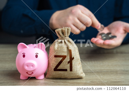 Accumulation of money. Putting polish zloty coins in a piggy bank. Banks and finance. Savings management. Investments, fundraising. Savings and accumulation of funds from cutting expenses. Accumulation of money. Putting polish zloty coins in a piggy bank. Banks and finance. Savings management. Investments, fundraising. Savings and accumulation of funds from cutting expenses. 112064110