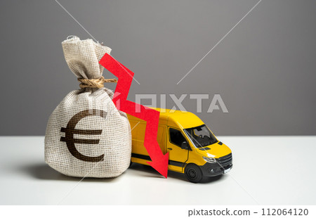 Delivery van and euro money bag with red arrow down. Decreased profits from delivering online orders. Low customer spending for online shopping. Trade and sale of goods. 112064120
