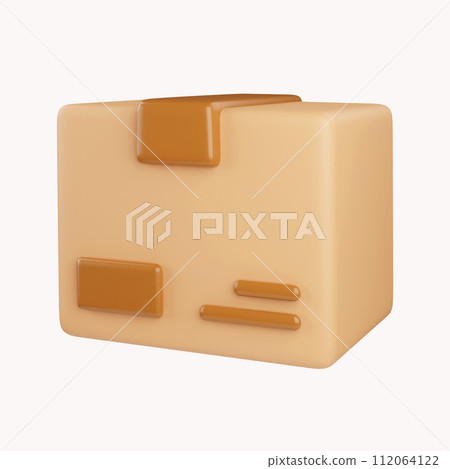 3D cardboard box icon with white symbols isolated on white background. Render delivery cargo box 3d illustration 112064122