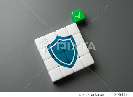 Protection is enabled and working. Shield and green checkmark. Legal protection. Insurance. Safety of investments. Security and legality. Good immunity. Cyber security Protection is enabled and working. Shield and green checkmark. Legal protection. Insurance. Safety of investments. Security and legality. Good immunity. Cyber security 112064134