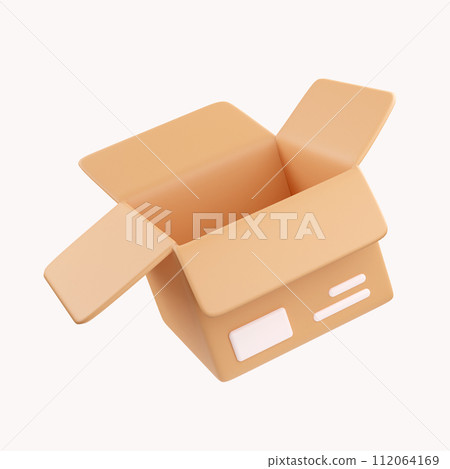 3D open cardboard box icon with white symbols isolated on white background. Render delivery cargo box 3d illustration 112064169