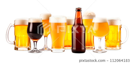 Set of Beer glasses and bottles on a white background. Mugs with drink like Ipa, Pale Ale, Pilsner, Porter or Stout 112064183